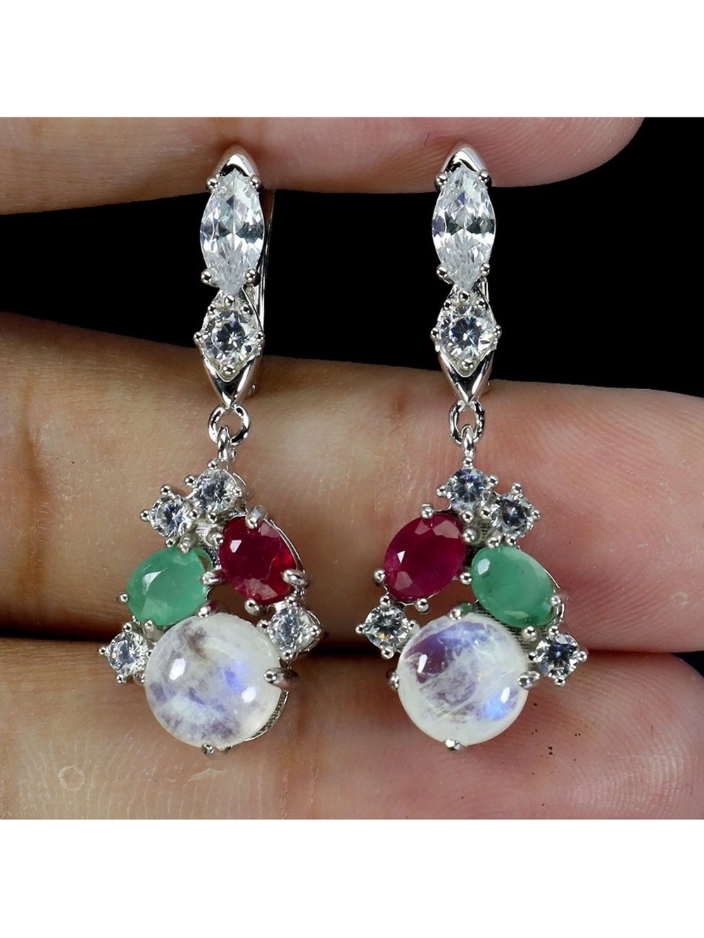 Genuine Moonstone Ruby Emerald 925 Sterling Silver Dangle Earrings